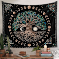 Pikkukuva 4 / 5: Tree of Life -seinävaahto - Moon Sun Black Psykedeelinen Mandala Starry Sky Hippie-sisustus makuuhuoneeseen (1 kpl)