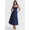 Miniatyrbillede 2 af 5: Floral Print Ærmeløs Ruched Bryst Split Lår Boho Midi Kjole (Gratis Forsendelse) XL Navy Blå