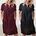 Miniatyrbilde 4 av 5: Bomullslin Tunic-kjole i svart - Kvinners kortærmet knelang kaftan (Størrelse 2XL)