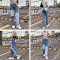 Miniatyrbild 4 av 5: Patchwork Jeans för Dam Hög Midja Raka Stretch Jeans Flickor Mode Färgblock Patchwork Jeans blå xl