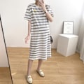 Miniatyrbillede 1 af 5: T-shirt kjole casual medium længde moderigtig graviditetskjole kort ærme løs pasform enkel stribet print blå hvid L