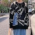 Miniatyrbilde 5 av 5: Søt Dinosaur Trykk Unisex Oversized Strikket Genser Topp - Svart