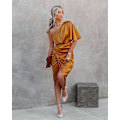 Miniatyrbillede 4 af 4: Solid Farvet Satin Bodycon Midi Kjole til Kvinder - Orange