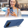 Pikkukuva 5 / 5: Kotelo Samsung Galaxy Z Flip4 5G:lle nestemäisellä kumilla ja 360-rengastelineellä, Samsung Galaxy Z Flip 4 -kotelo, silikoninen iskunkestävä suojus, Samsung Z Flip4 - Safiiri