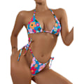 Miniatyrbilde 3 av 5: Blomstrete Halter Triangle Bikini Sett for Kvinner, Todelt Badeantrekk Blå Blomst L