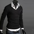 Miniatyrbillede 2 af 5: Klassisk strikket V-hals sweater til mænd - Langærmet pullover L Sort