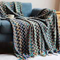Miniatyrbillede 1 af 5: Boheme Strikket Plaider Nordisk Stil Plaid med Kvaster, Akryl Strikket Plaid Dekorativ til Sofa Stol Seng Divan 127 * 152cm, blå