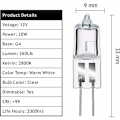 Miniatyrbilde 2 av 5: G4 Halogenpærer, G4 Halogen Pin Base Lampe 12V 20W, 2800K Dimbar Varmhvit G4 Klar Kapsel Lampe 20 Pakning