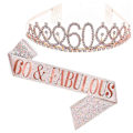 Miniatyrbillede 2 af 2: Kvinder Glitter Rhinestone Bogstav Print Skærf Tiara Sæt Fødselsdagsfestartikler Zekai Rosaguld 60 År