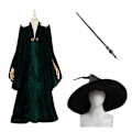 Pikkukuva 1 / 5: Professori McGarmiwan cosplay-asu - vihreä kaapu, viitta, hattu, taikasauva - täydellinen Halloween-asu kaapu hattu taikasauva XXL