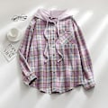 Miniatyrbilde 5 av 5: Kvinners Casual Plaid Hoodie Skjorte Løs Lang Ermet Knapp Bluse M Himmelblå