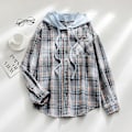 Miniatyrbilde 4 av 5: Kvinners Casual Plaid Hoodie Skjorte Løs Lang Ermet Knapp Bluse M Himmelblå