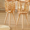 Miniatyrbild 2 av 5: Rattan Inomhus Växtställ Halmvävda Blomkrukor Hållare Pall med Ben Golvplanteringskorgar Hylla