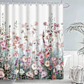 Miniatyrbillede 2 af 5: Skimmelresistent bruseforhæng, stofbruseforhæng 120x180cm, vandtæt vaskbart polyester badeforhæng med kroge, blomsterbuskmønster
