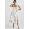Miniatyrbillede 2 af 5: Floral Print Ærmeløs Ruched Buste Split Lår Boho Midi Kjole L Hvid Grøn Blad