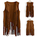 Miniatyrbilde 4 av 4: Suede Vest med Etniske Frynser og Tassels, Ermeløs, XL, Khaki