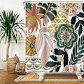 Miniatyrbillede 3 af 5: Bohemia Bruseforhæng, Boho Stil Bruseforhæng Blomster Rose Grønt Blad Badeforhæng Skimmelsikker Vandtæt Vaskbart Polyesterstof Badeværelsesforhæng