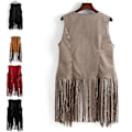 Miniatyrbillede 2 af 5: Frynsede Tassels 70'er Hippie Kunstlæder Ærmeløs Jakke, Kvinders Åben Front Cardigan, Khaki, 2XL