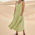 Miniatyrbillede 3 af 4: Boheme-stil Sommerkjole til Kvinder, Ærmeløs Bomuld og Hør Tankkjole med Lommer - Hvid (2XL)