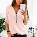 Miniatyrbillede 1 af 3: Sommer Chiffon Lynlås Bluse til Kvinder, Pink, Plus Størrelse 2XL