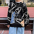 Miniatyrbilde 4 av 5: Søt Dinosaur Trykk Unisex Oversized Strikket Genser Topp - Svart