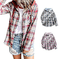 Miniatyrbilde 3 av 5: Kvinners Casual Plaid Hoodie Skjorte Løs Lang Ermet Knapp Bluse M Himmelblå