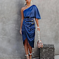Miniatyrbild 1 av 5: Solid Navy Blue Satin Bodycon Midi Dress för Kvinnor
