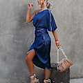 Miniatyrbillede 4 af 5: Solid Navy Blå Satin Bodycon Midi Kjole til Kvinder XL