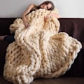 Miniatyrbillede 1 af 3: Tyk Strikket Merino Uld Tæppe - Boho Hjemmeindretning 100x130cm Beige