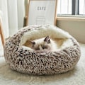 Miniatyrbillede 3 af 5: Kæledyr Kat Lille Hund Rund Plys Varm Seng Halvt Lukket Rede til Hvalp Killing Dyb Søvn Seng Blød Fluffy Beroligende Kennel-Brun/15.75in