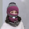 Miniatyrbild 8 av 8: 3 i 1 Vinter Stickad Mössa Hatt Ansiktsmask Halsduk Set med Andningsbart Värde Vindtät Varm Fleecefoder med Pompom för Kvinnor Flickor Cykling Skidåkning
