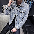 Miniatyrbillede 1 af 5: Herre Retro Denim Jakke med Huller - Streetwear Hip Hop Bomber Jakke 4XL FARVE blå