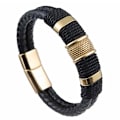 Miniatyrbillede 1 af 5: Mænds Sort Læderarmbånd med Guld Magnetisk Rustfrit Stål Spænde