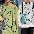 Miniatyrbilde 3 av 5: Søt Dinosaur Trykk Unisex Oversized Strikket Genser Topp - Svart