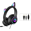 Miniatyrbillede 2 af 4: Sødt katteøre gaming headset - sort, foldbart og strækbart, kablet med mikrofon, stereo, lysende (1 par)