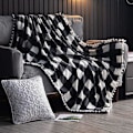 Miniatyrbillede 1 af 5: Fleece Tæppe med Kvaster, Sort og Hvid Plaid Buffalo Flanel Plaid til Sofa Seng Egnet til Alle Årstider (130x150cm)