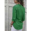 Miniatyrbilde 2 av 3: Grønn V-hals Chiffon Bluse, Dame Lang Ermet Monokrom Topp 2XL