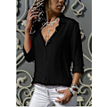 Miniatyrbilde 3 av 3: V-hals monokrom chiffonbluse - Dame langarmet topp XL svart