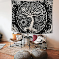 Pikkukuva 5 / 5: Elämänpuun seinävaate Kuu ja Musta Aurinko Psykedeelinen seinävaate Mandala Tähtitaivas Hippi-seinävaate makuuhuoneeseen (130x150cm)