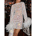Miniatyrbillede 1 af 5: Sequin Mesh Feather Mini Kjole - Pink Hvid Sort - Langærmet - Kvinders Festkjole
