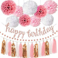 Pikkukuva 1 / 5: Ruusukultainen set , jossa on kimalteleva Happy Birthday -banneri, pehmopaperit, pyöreät pisteseppeleet ja pom-seppeleet