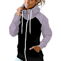 Miniatyrbillede 1 af 3: Colorblock hættetrøje sweatshirt: Dame casual fuld lynlås jakke med lommer 2XL lys lilla