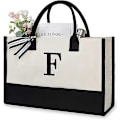 Miniatyrbillede 1 af 5: Personlig Strandtaske i Canvas med Initialer, Monogram Gave Tote Taske til Kvinder, F