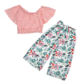 Miniatyrbilde 7 av 8: 2 stk jentesommerantrekk fasjonabel offshoulder topp belte blomsterbukse babyklærsett (rosa 110 cm)
