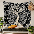 Pikkukuva 1 / 5: Elämänpuun seinävaate Kuu ja Musta Aurinko Psykedeelinen seinävaate Mandala Tähtitaivas Hippi-seinävaate makuuhuoneeseen (130x150cm)