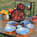 Miniatyrbilde 5 av 8: 12-delt rustfritt stål servise sett utendørs dråpebestandig flate tallerkener boller plater camping piknik grillfest matlaging redskaper