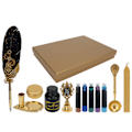 Miniatyrbilde 1 av 8: Fjærpenn Business Fire Lacquer Stamp Europeisk Retro Stil Sprinklet Gull Fjær Rustfritt Stål Dip Pen Set med Blekkpose Svart
