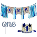 Miniatyrbillede 1 af 5: Baby 1 års fødselsdag dreng pynt med krone - HAPPY BIRTHDAY ONE burlap banner