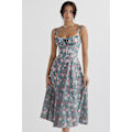 Miniatyrbilde 2 av 5: Floral Print Ermeløs Ruched Bust Split Lår Boho Midi Kjole M blå og hvit