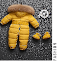 Miniatyrbillede 2 af 3: Baby Hætte Jumpsuit - Unisex Romper til Drenge og Piger (0-24 Måneder) med Pels Krave 65cm Gul